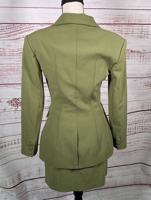 & Other Stories Fitted Single Breasted Blazer Skirt Pants Suit Set Olive Green 4