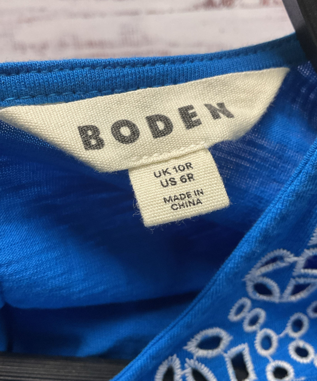 Boden Isabel Broderie Blue Cut Out White Short Sleeve Dress - Size 6R