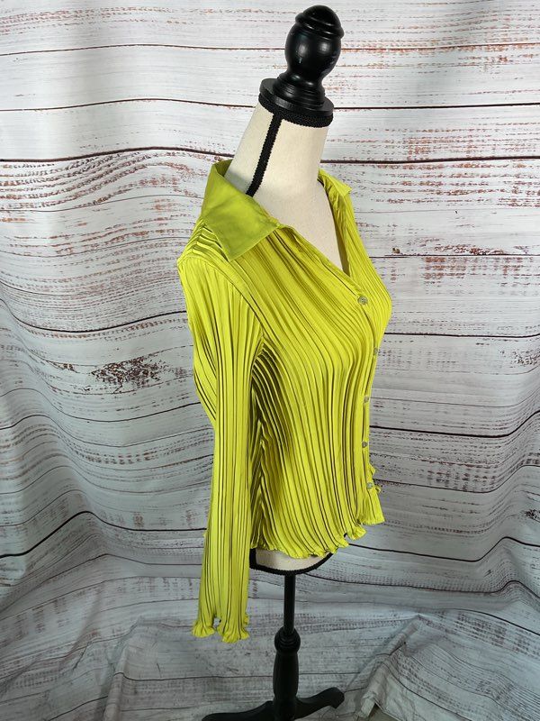 MNG By MANGO Women's Lime Button Up Shirred Long Sleeve Shirt Size 4