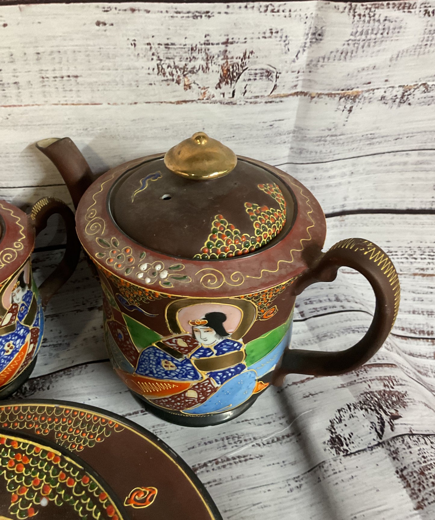 Vintage Japanese Satsuma Moriage Tea Set Cups Saucers Teapot Plates 16Pcs
