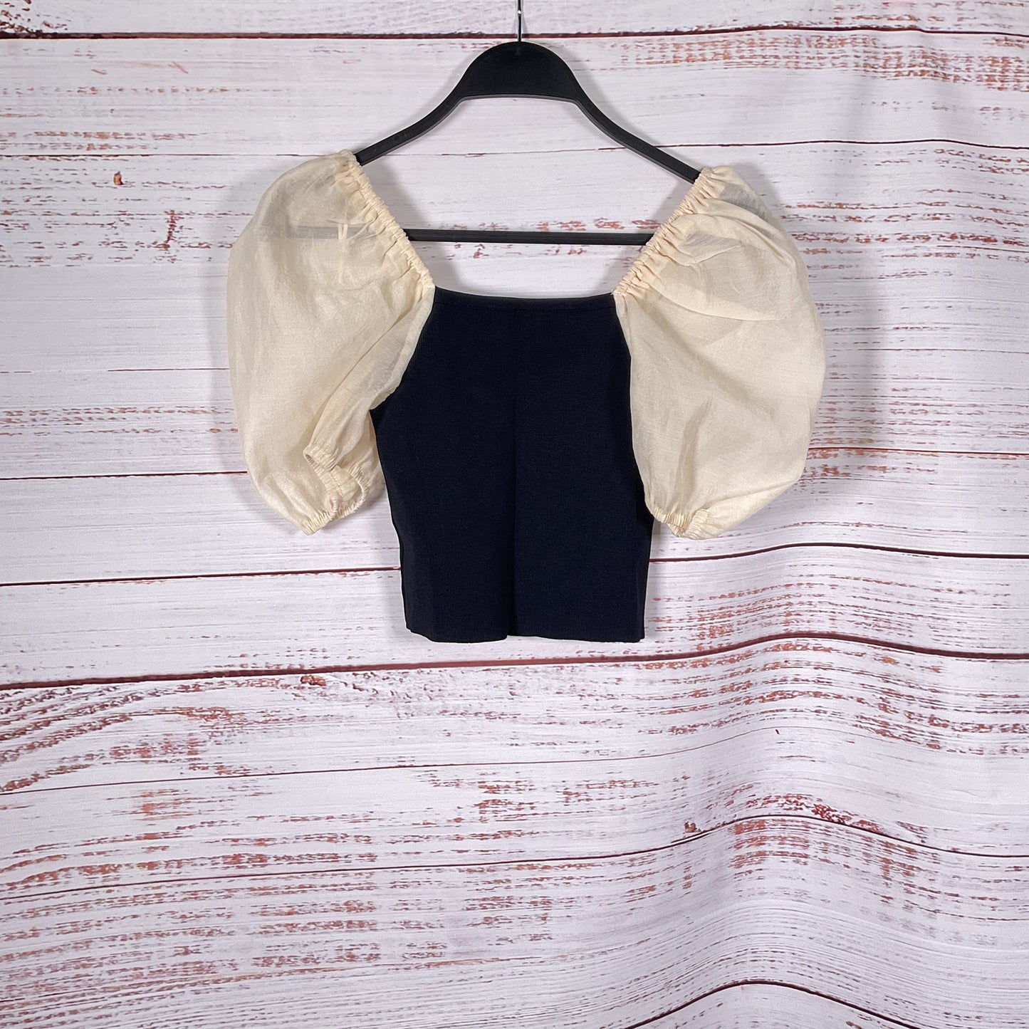 Miou Muse Black Stretch Knit White Puff Sleeve Crop Top - Size S