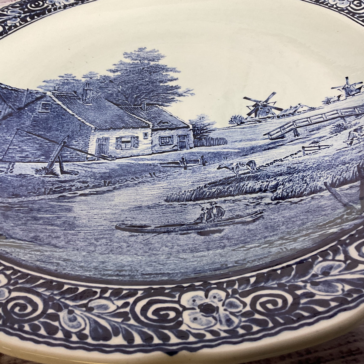 ANTIQUE DELFTS Boch Belgium Cottage & Windmills Wall Plate - 15.75"