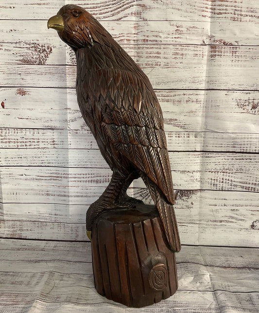 Vintage Hand Wood Carved Brass Detail Eagle Statue Brown