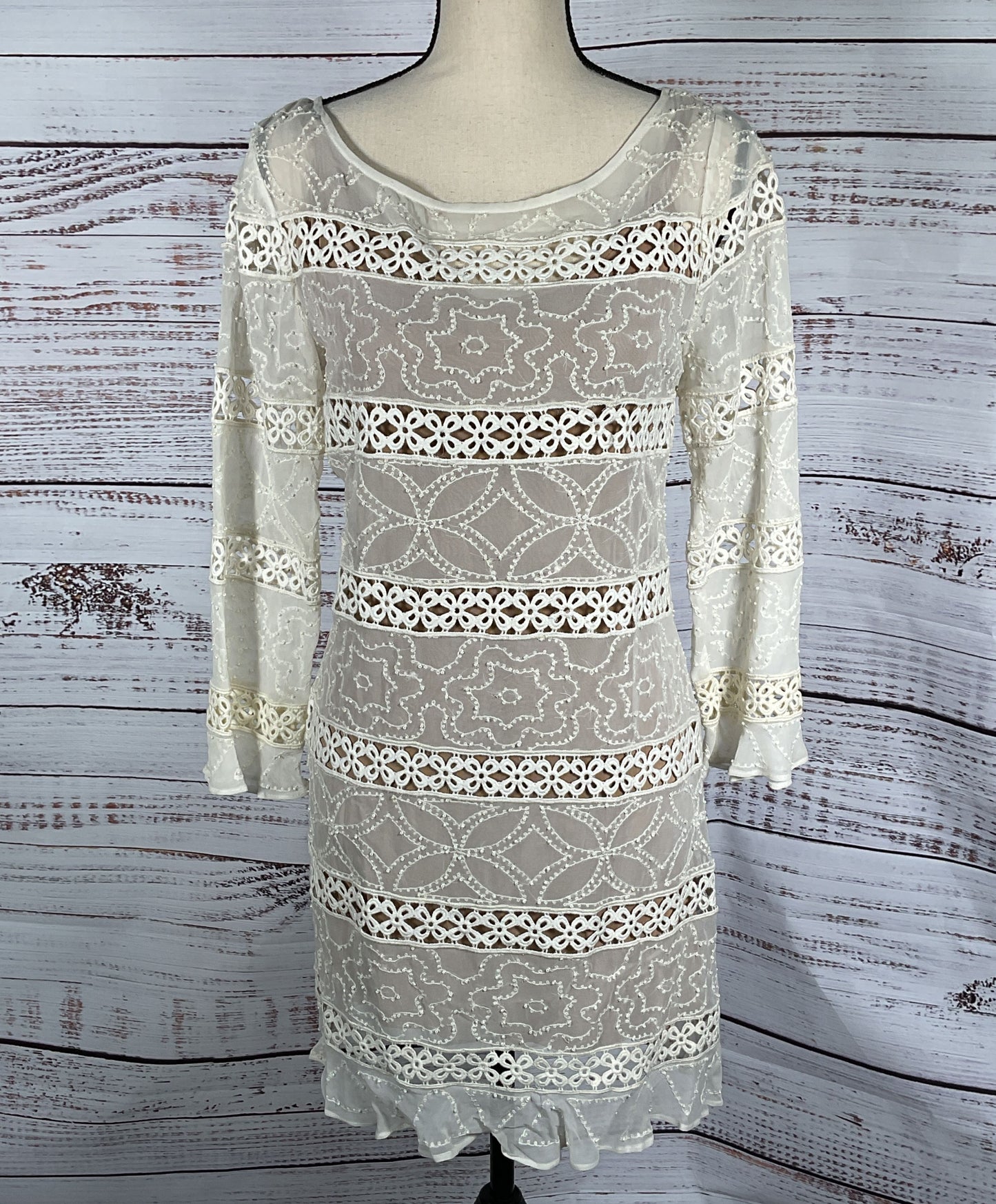 Tracy Reese Flounced Lacy Beaded Shift Dress White S