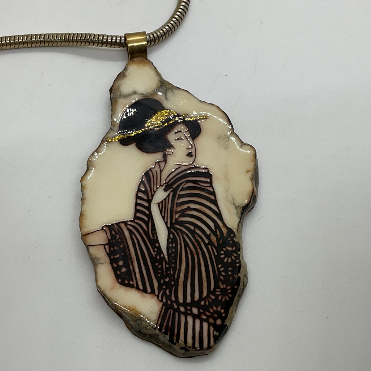 VTG. Brass Hand Painted Resin Geisha Snake Chain Necklace