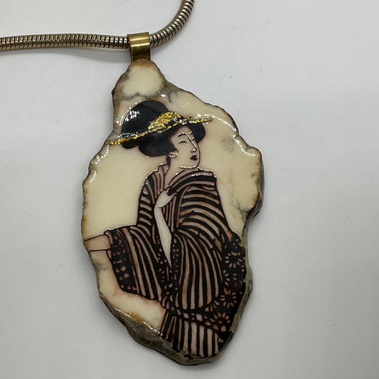 VTG. Brass Hand Painted Resin Geisha Snake Chain Necklace