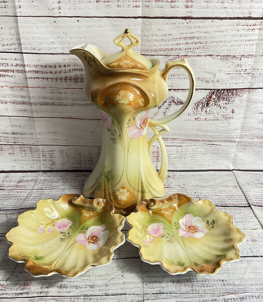 Robinson's Vintage Prussian Art Nouveau Style Tea Pot & Saucers Multicolor