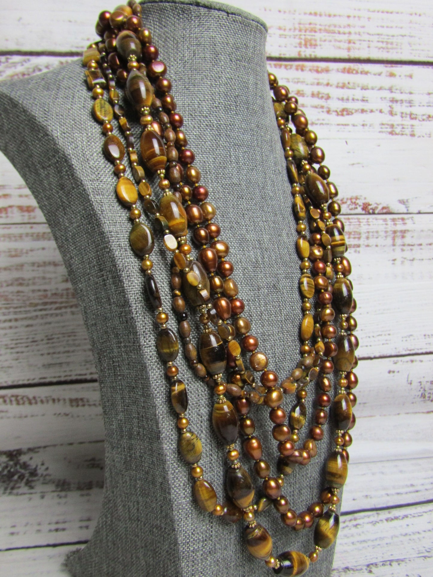 Coldwater Creek Multi-Strand Freshwater Pearl Tiger's Eye Beaded Necklace