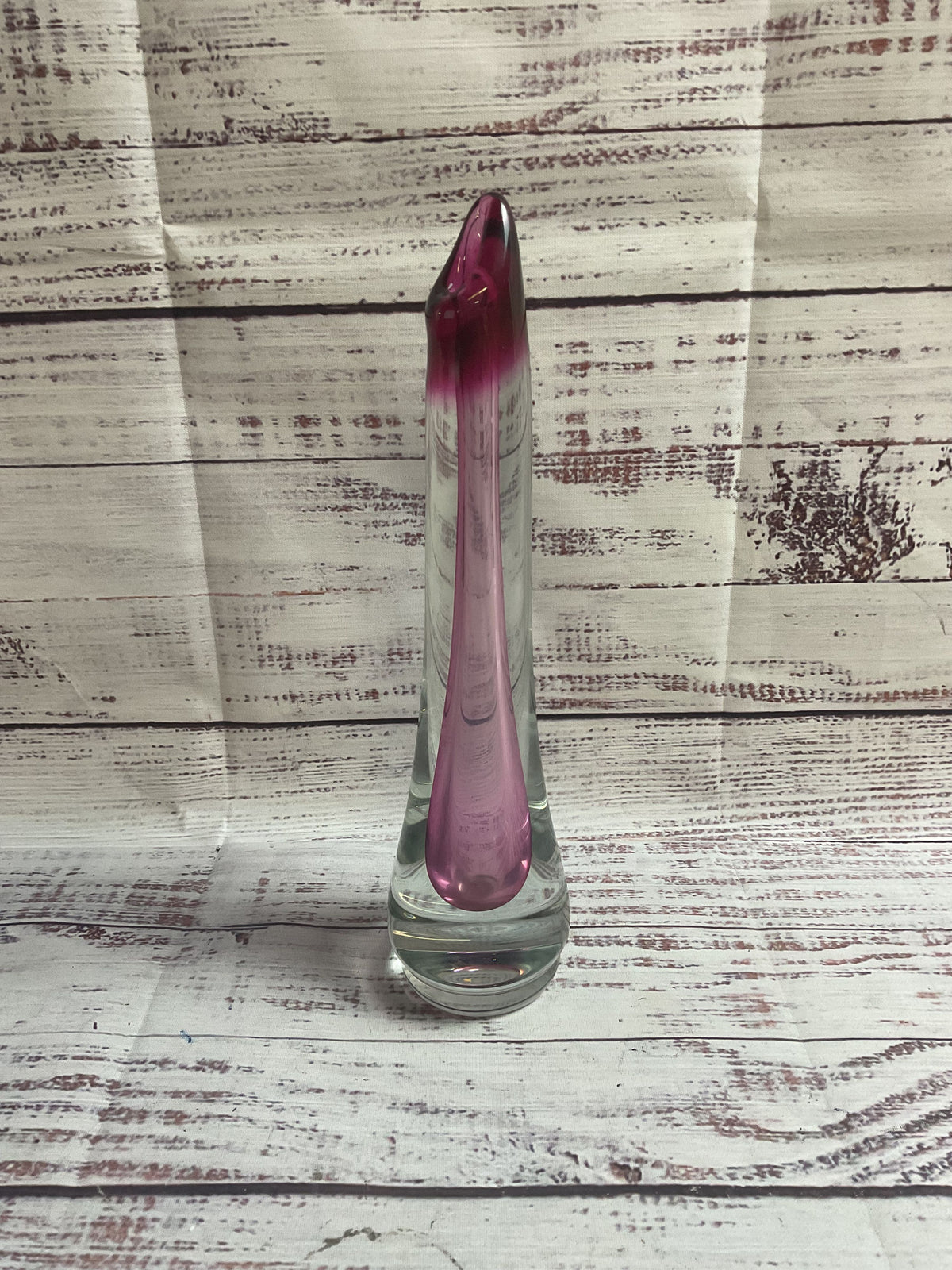 Signed Pink And Clear Glass Thin Vase