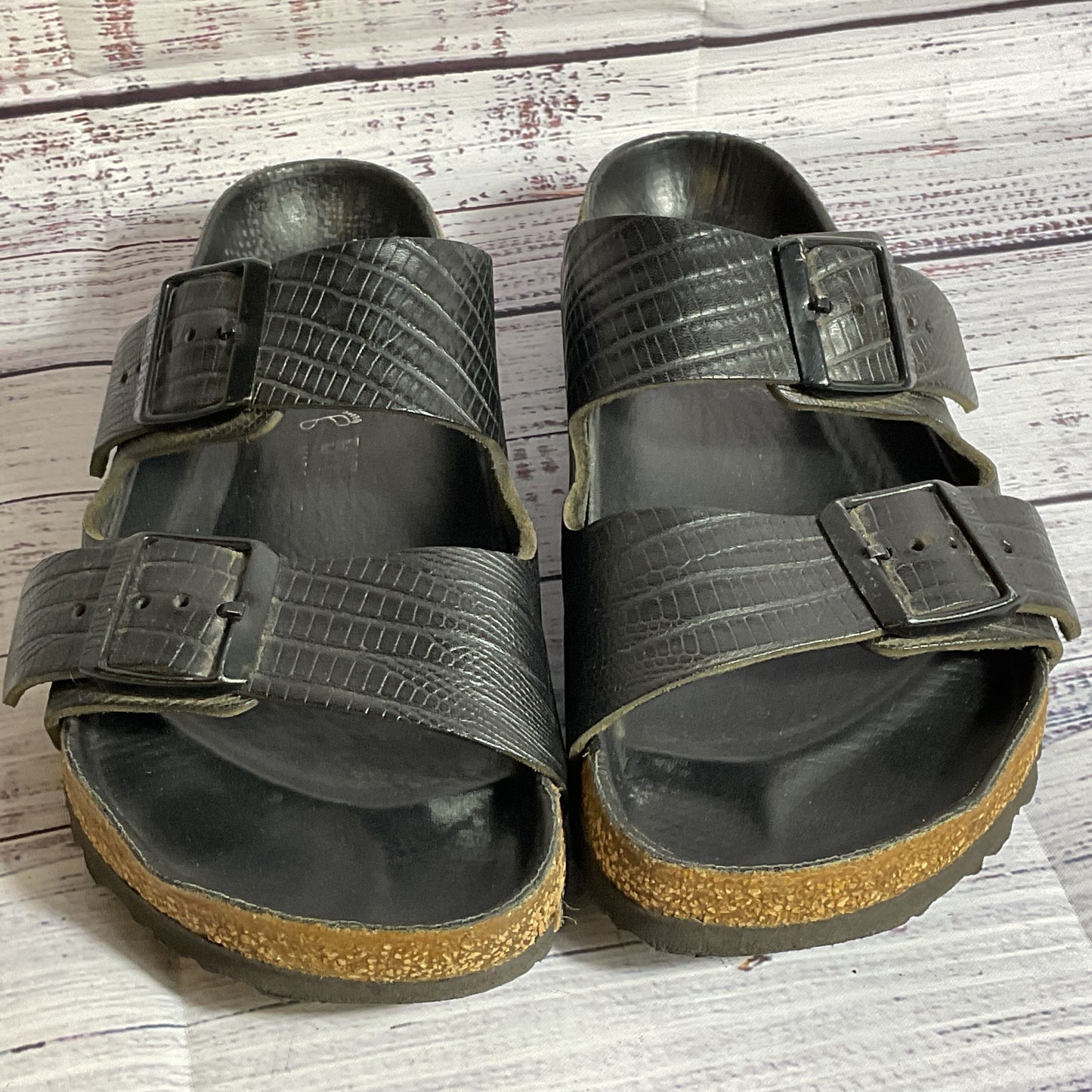 BIRKENSTOCK Arizona BS Unisex Black Faux Snake Slide Sandals- SZ 4M/6W