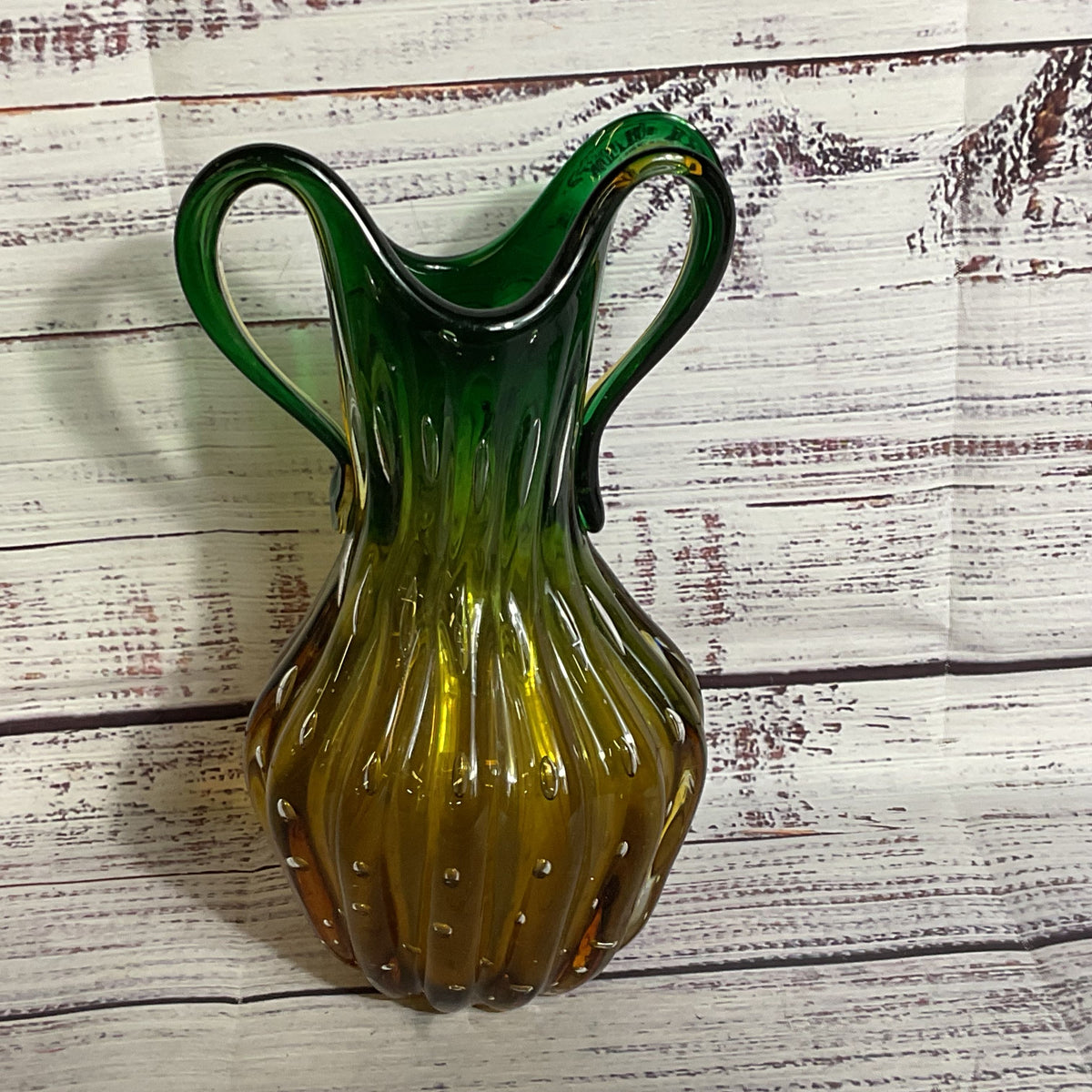 VTG. Green Amber Ribbed Costolato Bubble Glass Vase- 7.5"