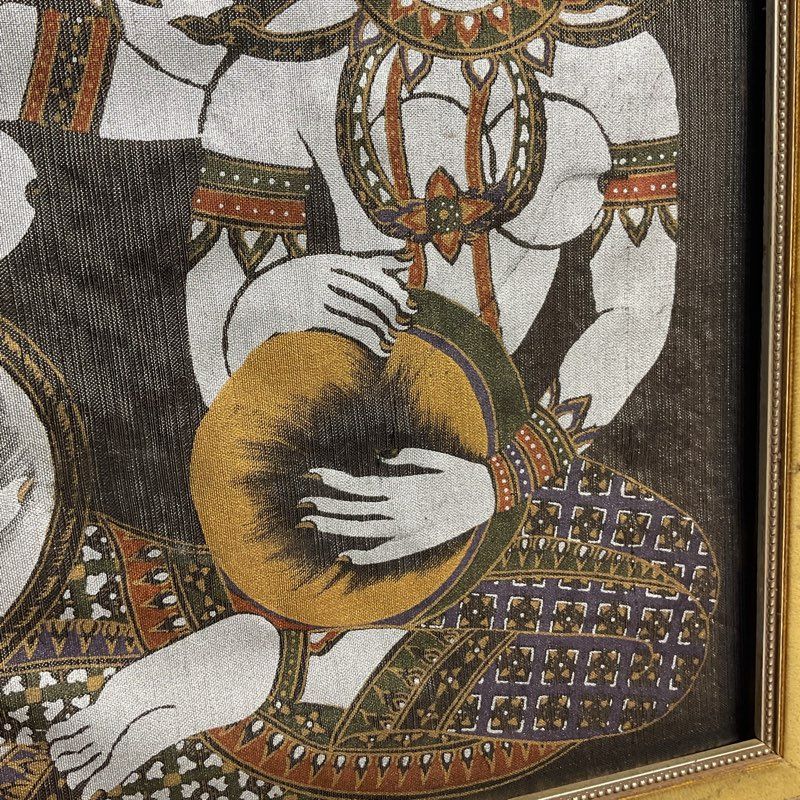 Three Kinnara Gods 21" Thai Painting on Silk in Damaged Frame