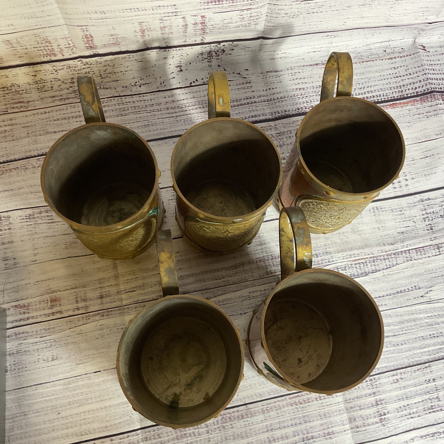 VTG. Mexican Copper & Brass Aztec Mayan Calendar Mugs- Set of 5