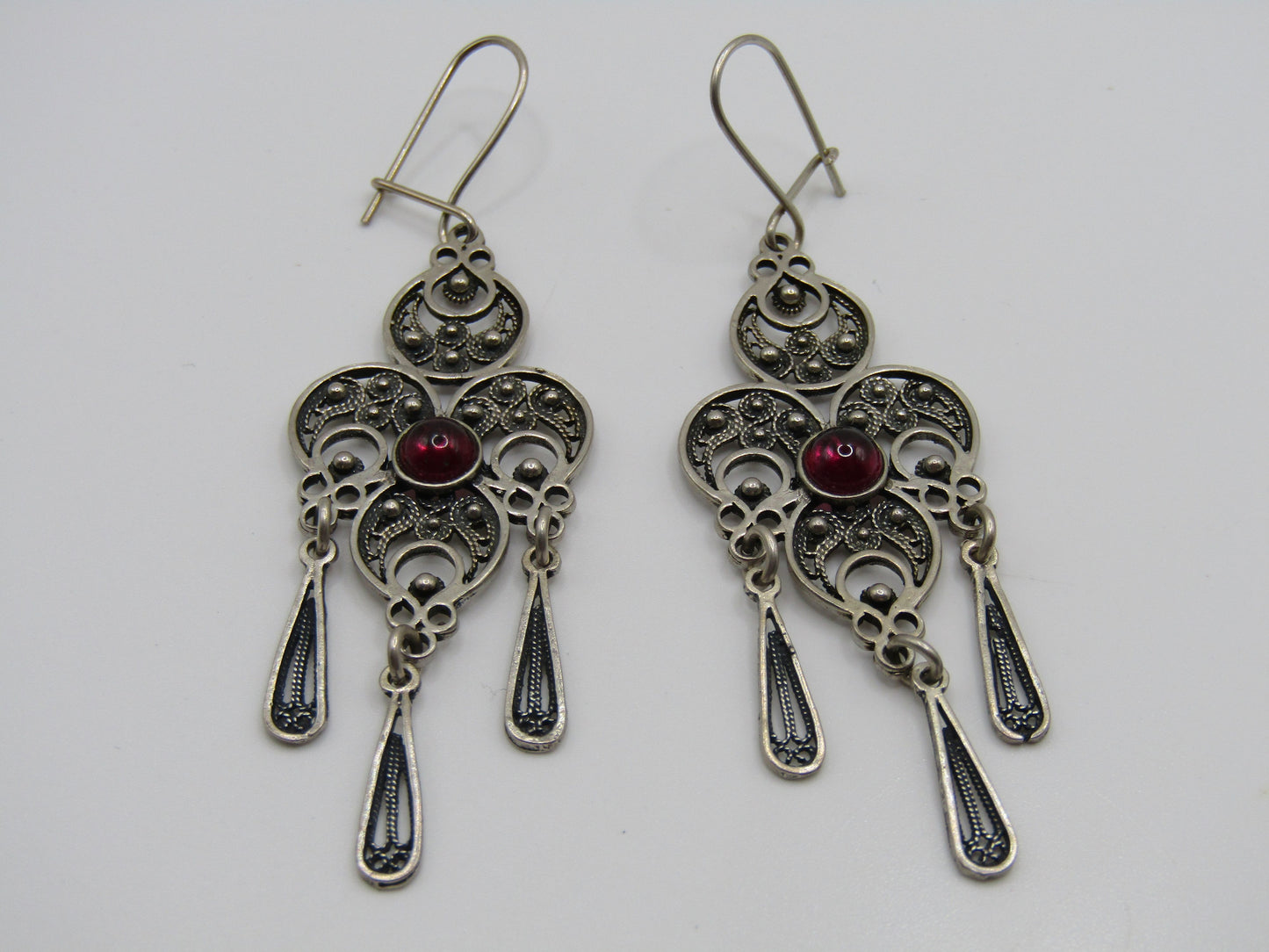 Sterling Silver Filigree Drop Dangle Rhodolite Garnet Earrings