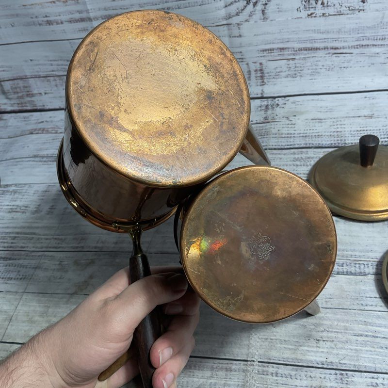 Tagus Set Of 2 Vintage Copper Wood Handle Turkish Coffee Pots