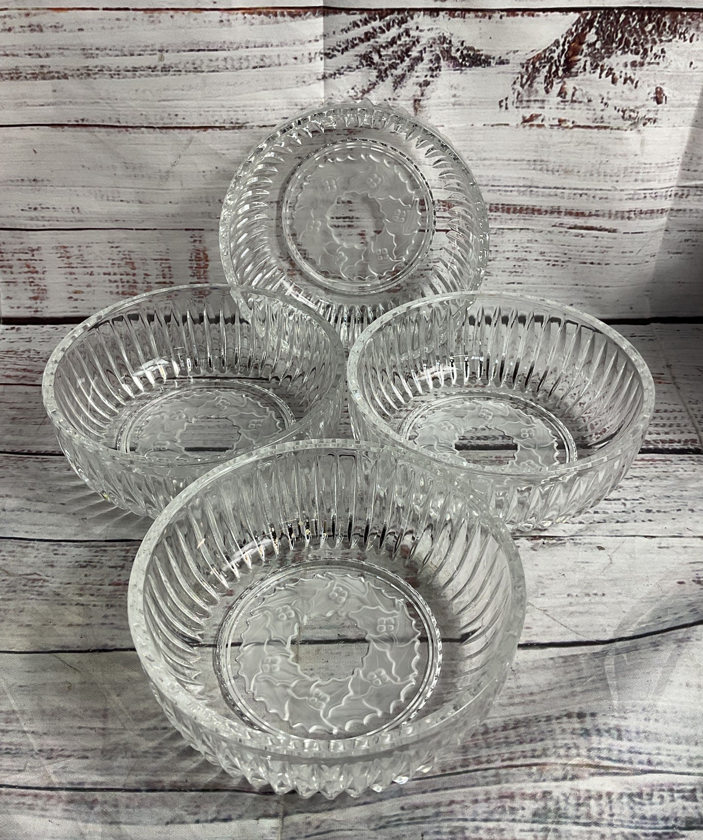 Vintage Holly Glass Carved Set of 4 Small Bowls Clear