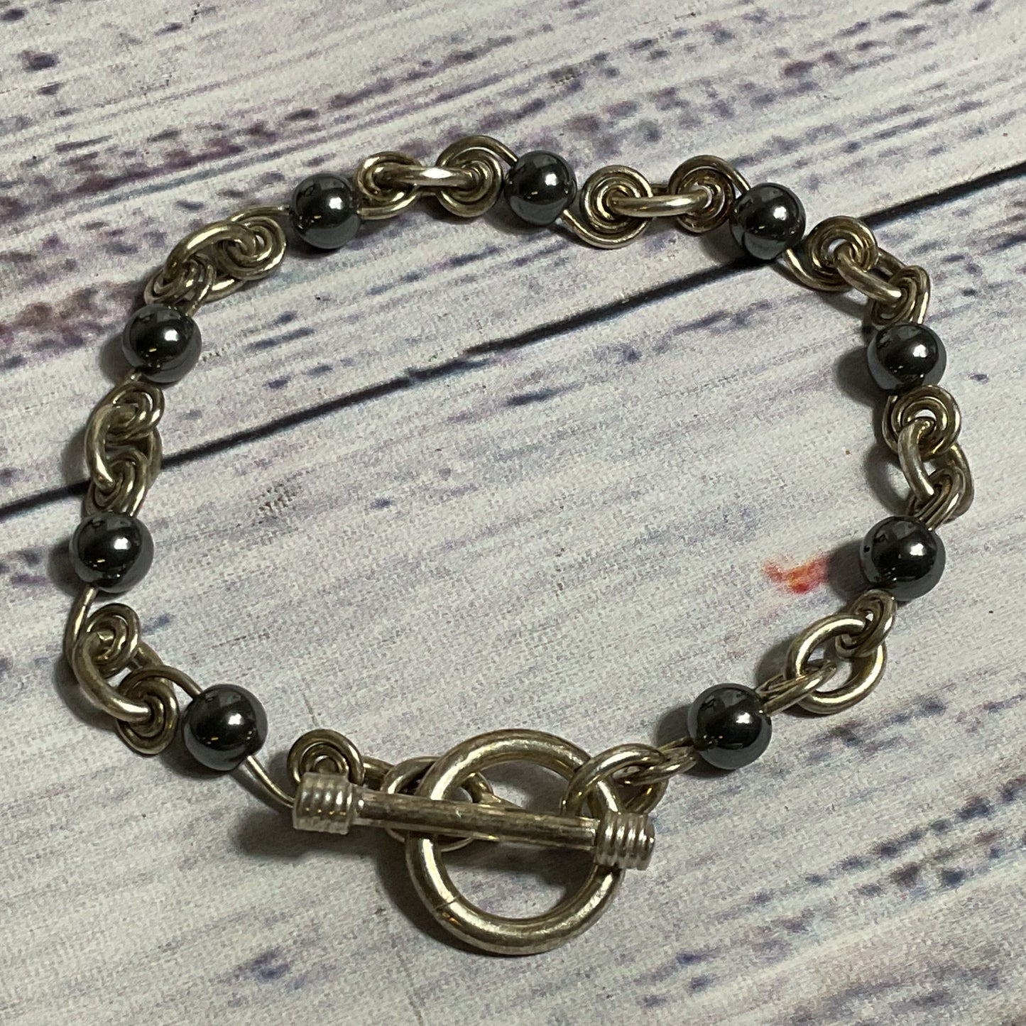 Sterling Silver & Hematite Beaded 7.5" Bracelet- 15.0g