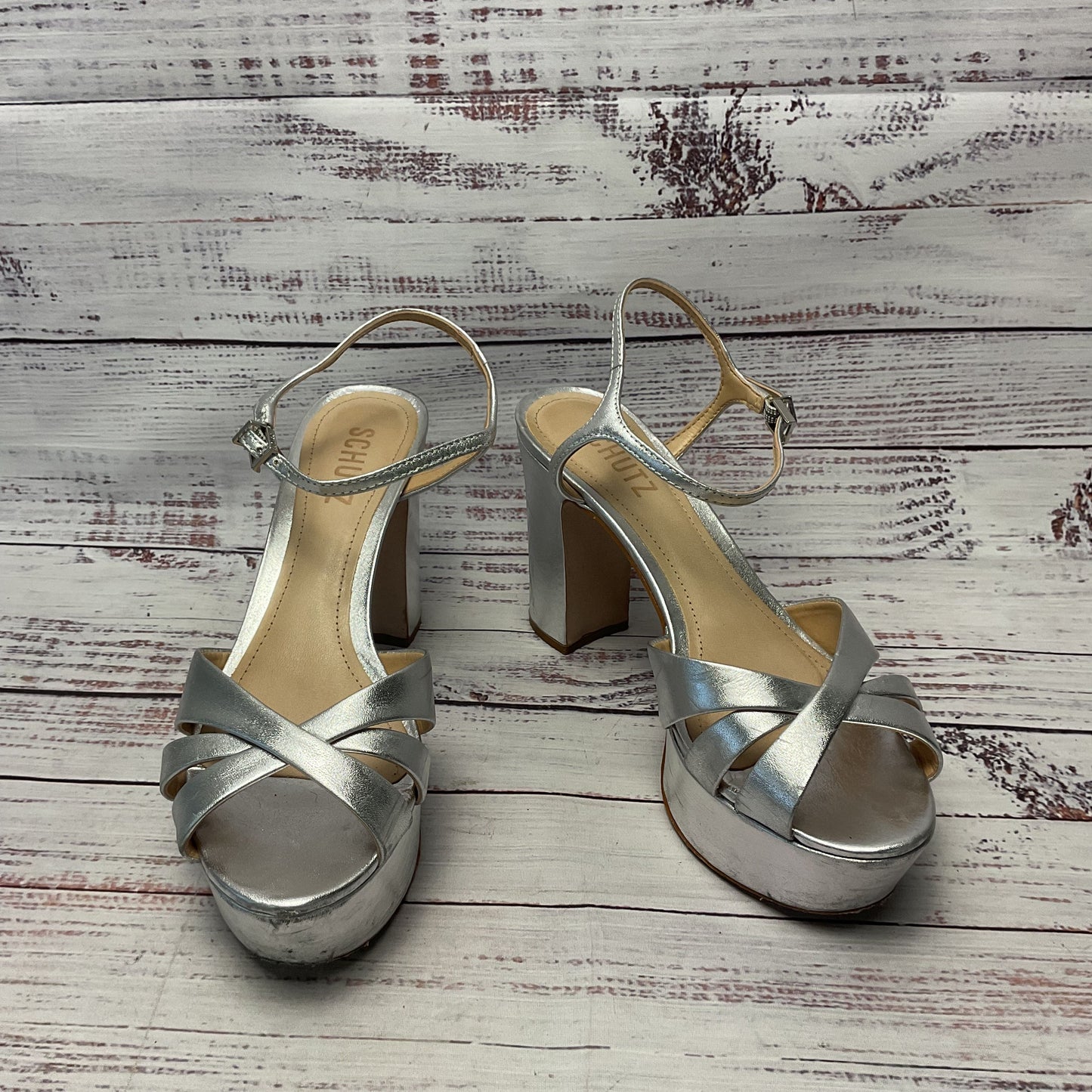 Schultz Keefa Silver Platform Heel Ankle Buckle Women Size 7.5