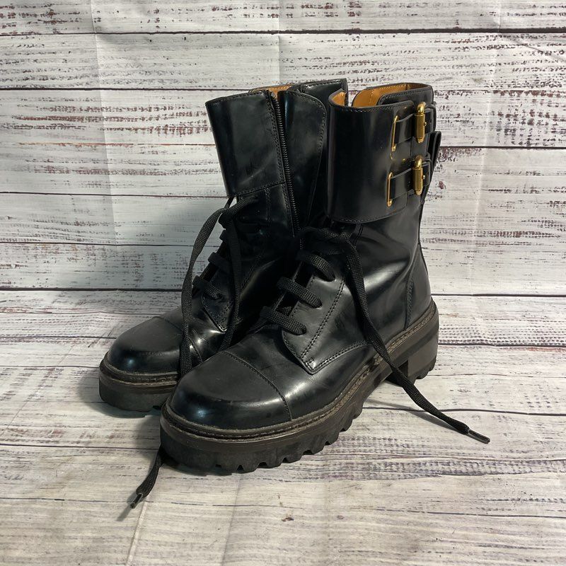 See By Chloe Mallory Buckled Black Leather Combat Boot Women's Size 5