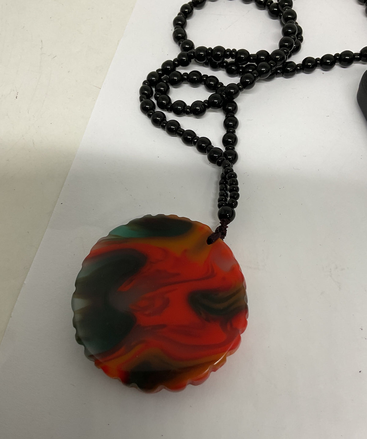 Carved Glass Pendant Necklace Black Beaded Necklace