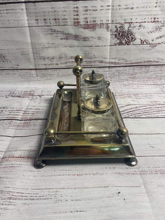 Antique Silver Plated Fountain Pen Inkstand With Jars