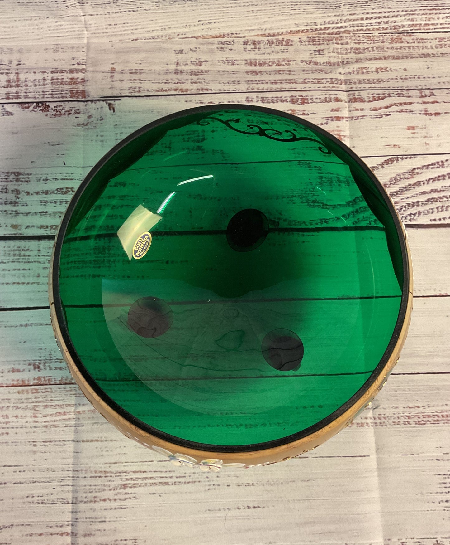 Gold Bohemia Czech Republic Green Glass Bowl