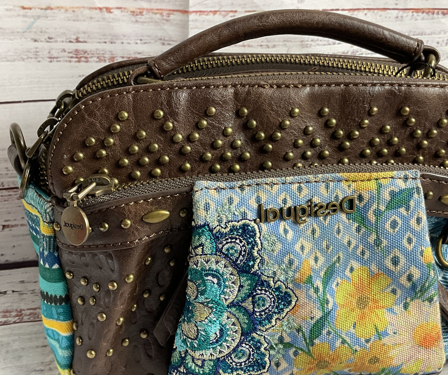 Desigual Studded Patch Fabric Top Handle Bag Multicolor