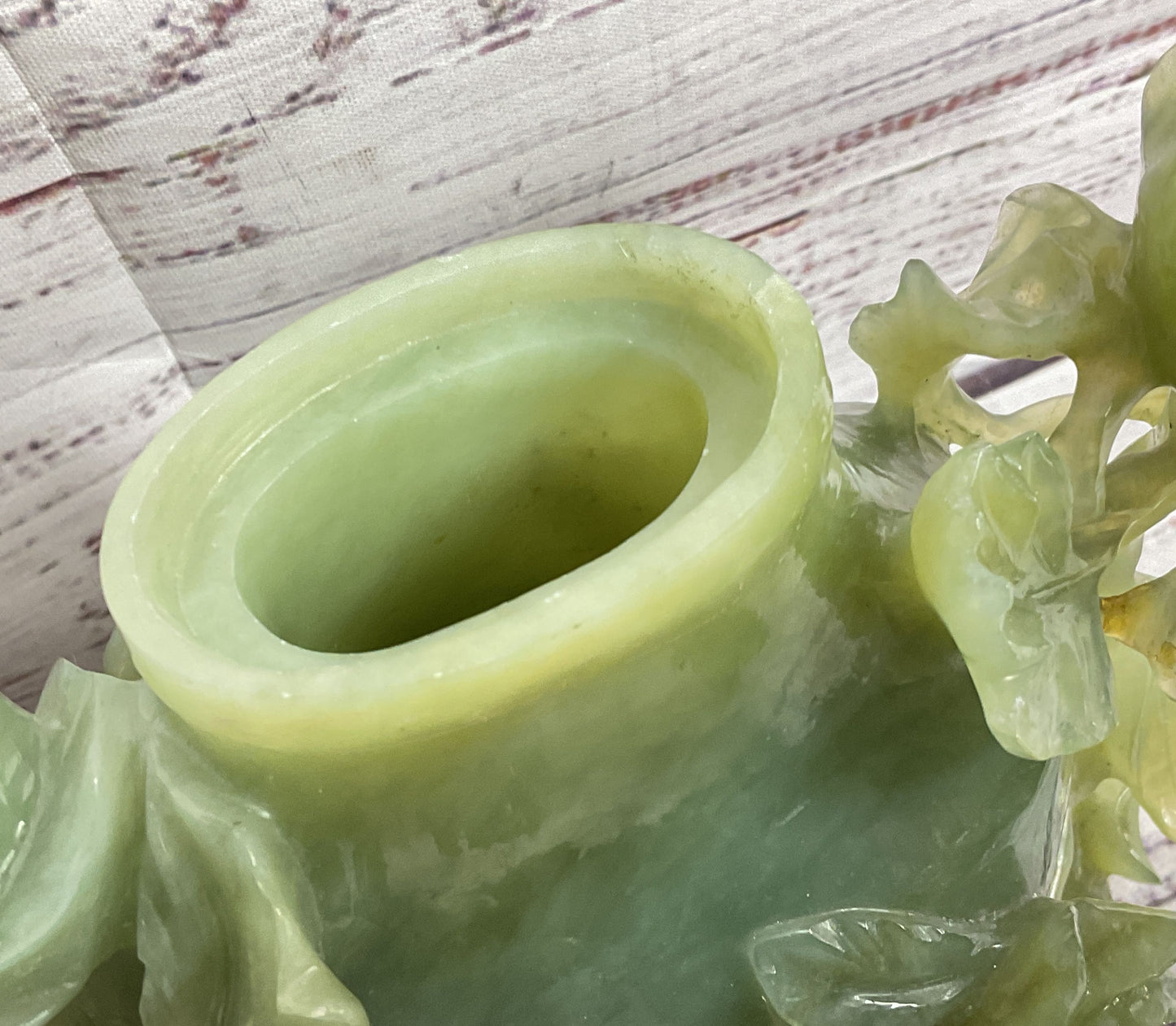 Vintage Chinese Rose Carved Natural Stone Jar Green