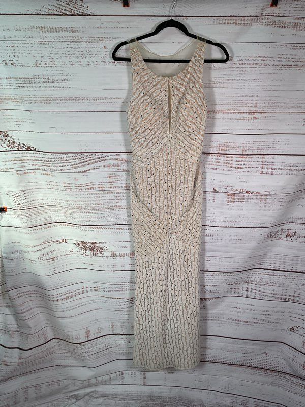 Alberto Makali Women's Crystal Beaded Sleeveless Gown Dress Beige Size 10
