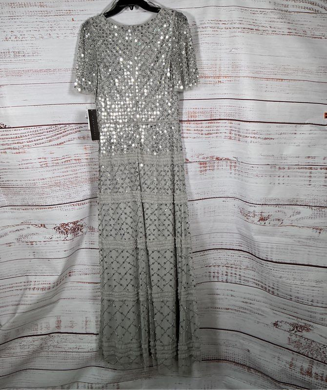 NWT Women's Aidan Mattox SS Silver Beaded Gown Size 4 Retail $595 STUNNING!!