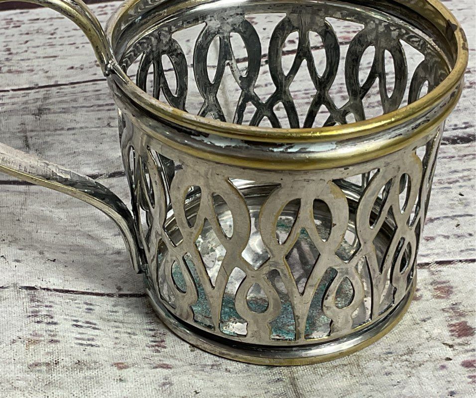 Buch Antique Russian 2.5" Podstakannik Tea Glass Holder Brass Silver Plated