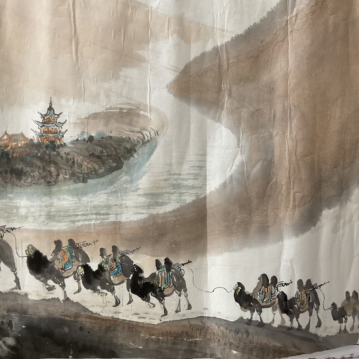 VTG/ANTIQUE Chinese Mingsha Mountain & Crescent Lake Ink & Color Painting- 48.5"