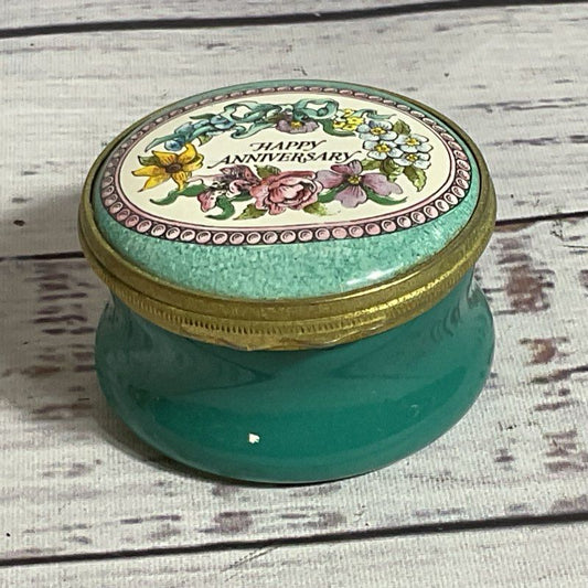 VTG HALCYON DAYS "Happy Anniversary" Enamel Trinket Box- 2" (LID NEEDS GLUED ON)