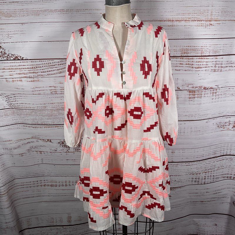Greek Archaic Kori White/Red/Pink Cotton Embroidered Tunic Mini Dress Size Small