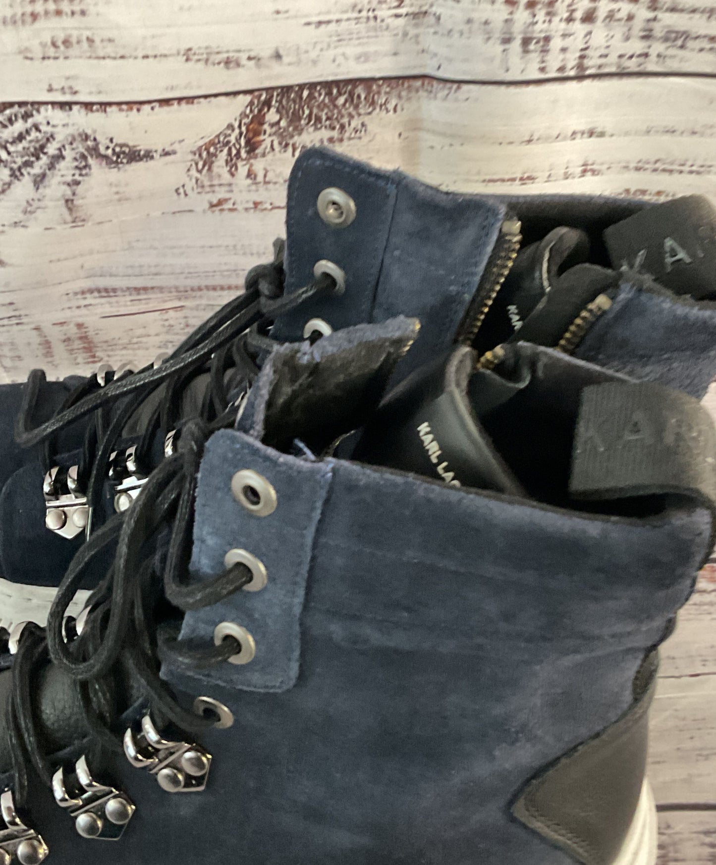 Karl Lagerfeld Paris Suede Ankle Platform Boots Blue 10.5