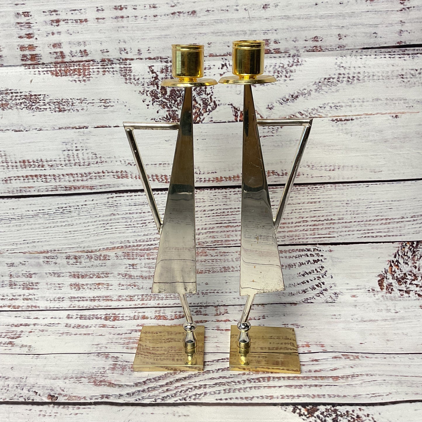 Lidar Modernist Gold Silver Tone 9" Star Of David Design Candle Holder Pair