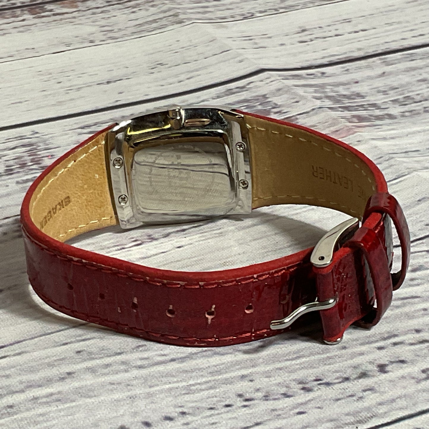 SKAGEN Denmark 384SSLR8A Women's Silver Tone MOP Dial Red Band Watch