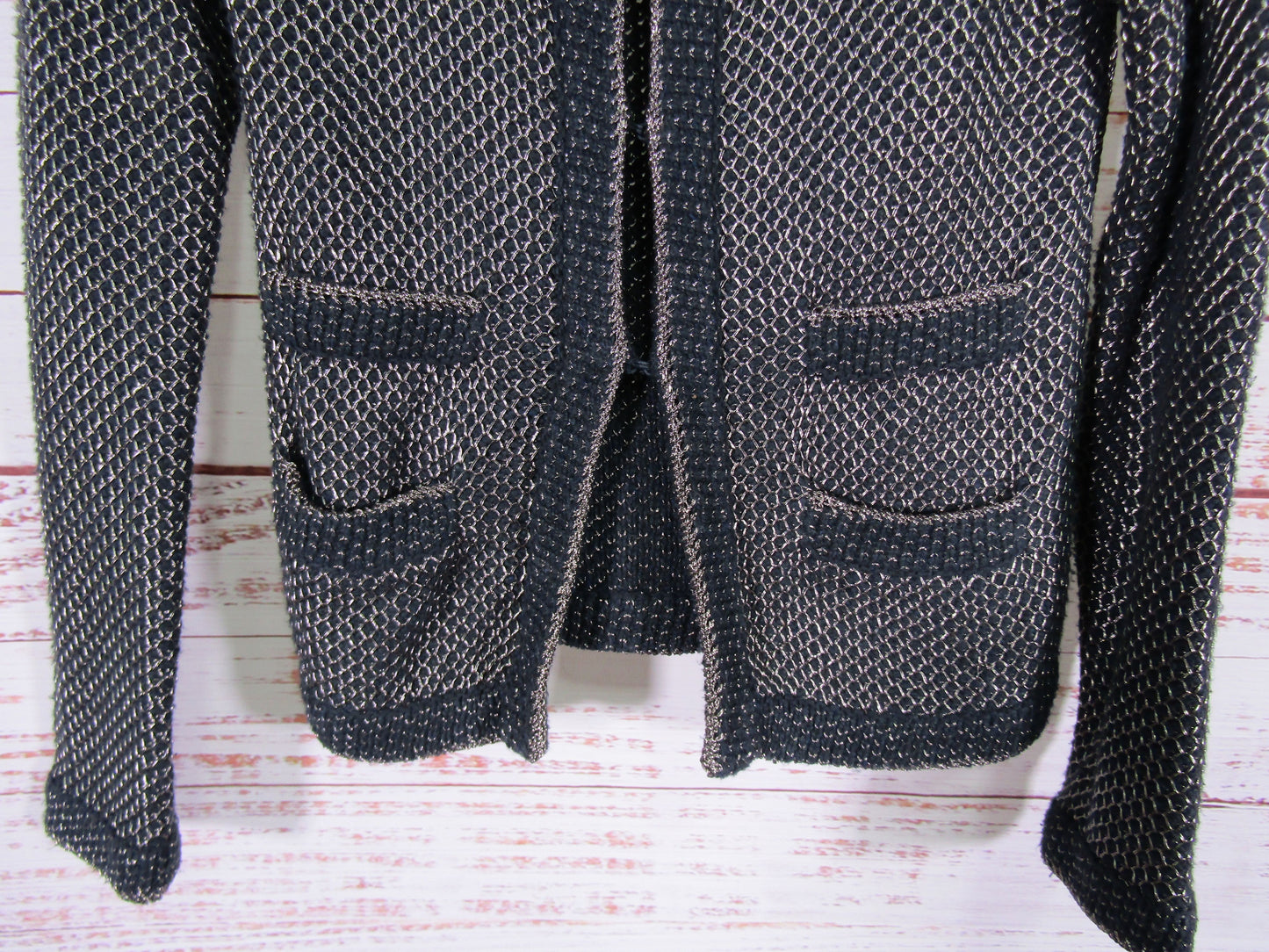 Maje Women's Black Metallic Silver Knit Cotton Blend Cardigan Sweater Size 1