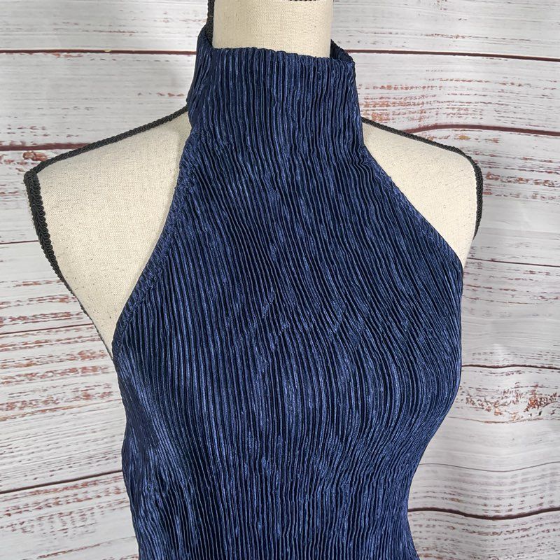 NWT Commense Pleated Navy Blue Assymetrical Halter Top - Size S