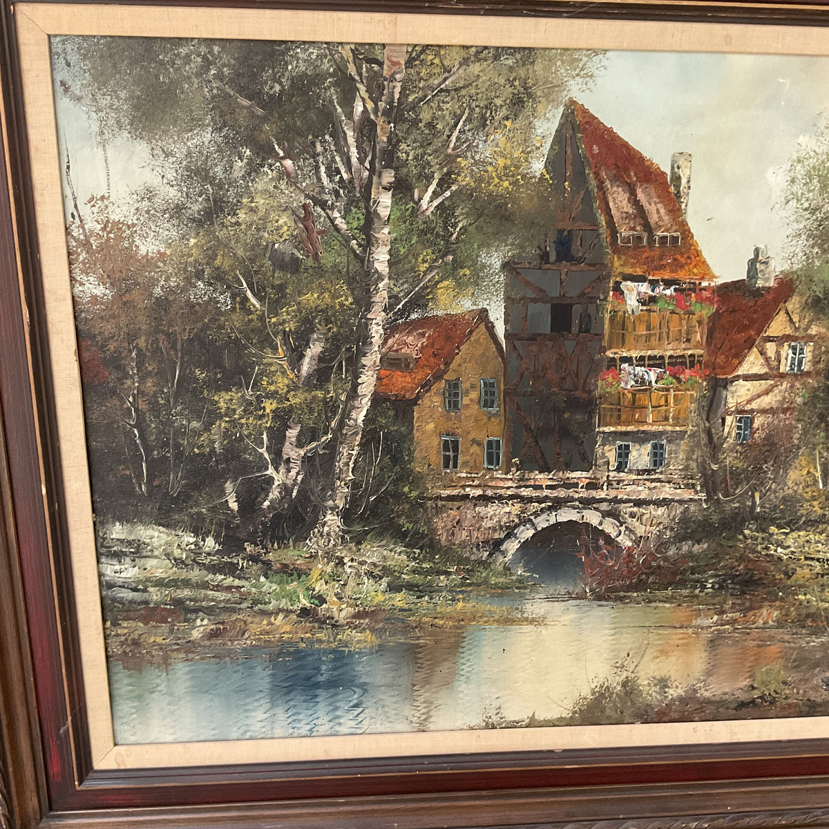 European German Village River Bridge Oil Painting Impressionist by W. Hans 32x56