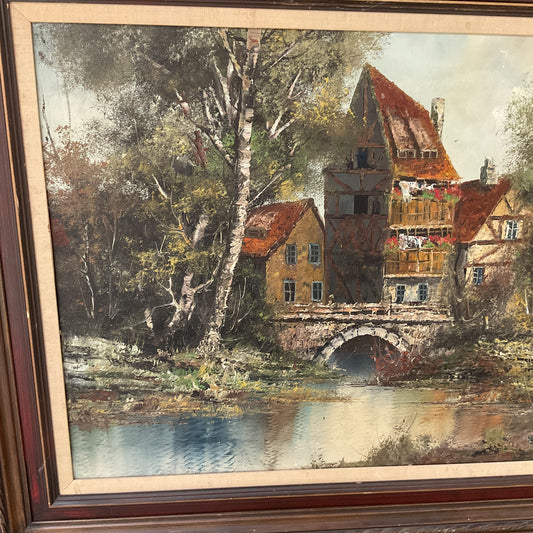 European German Village River Bridge Oil Painting Impressionist by W. Hans 32x56
