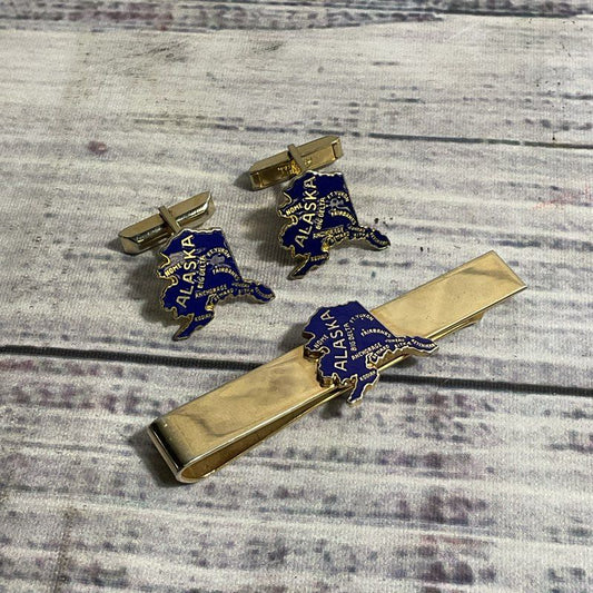 Kinney Blue Enamel/Gold Tone Metal Alaska State Outline Cufflinks & Tie Bar Set