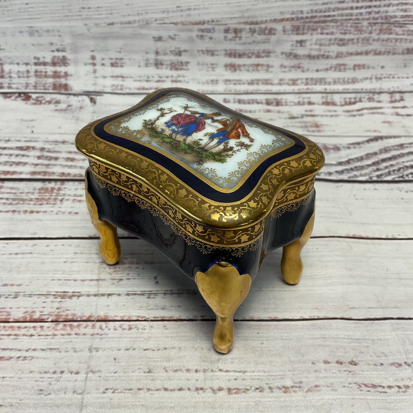 Limoges France Cobalt Blue Gilded Porcelain Ceramic Trinket Box 3"x3.5"x2.5"