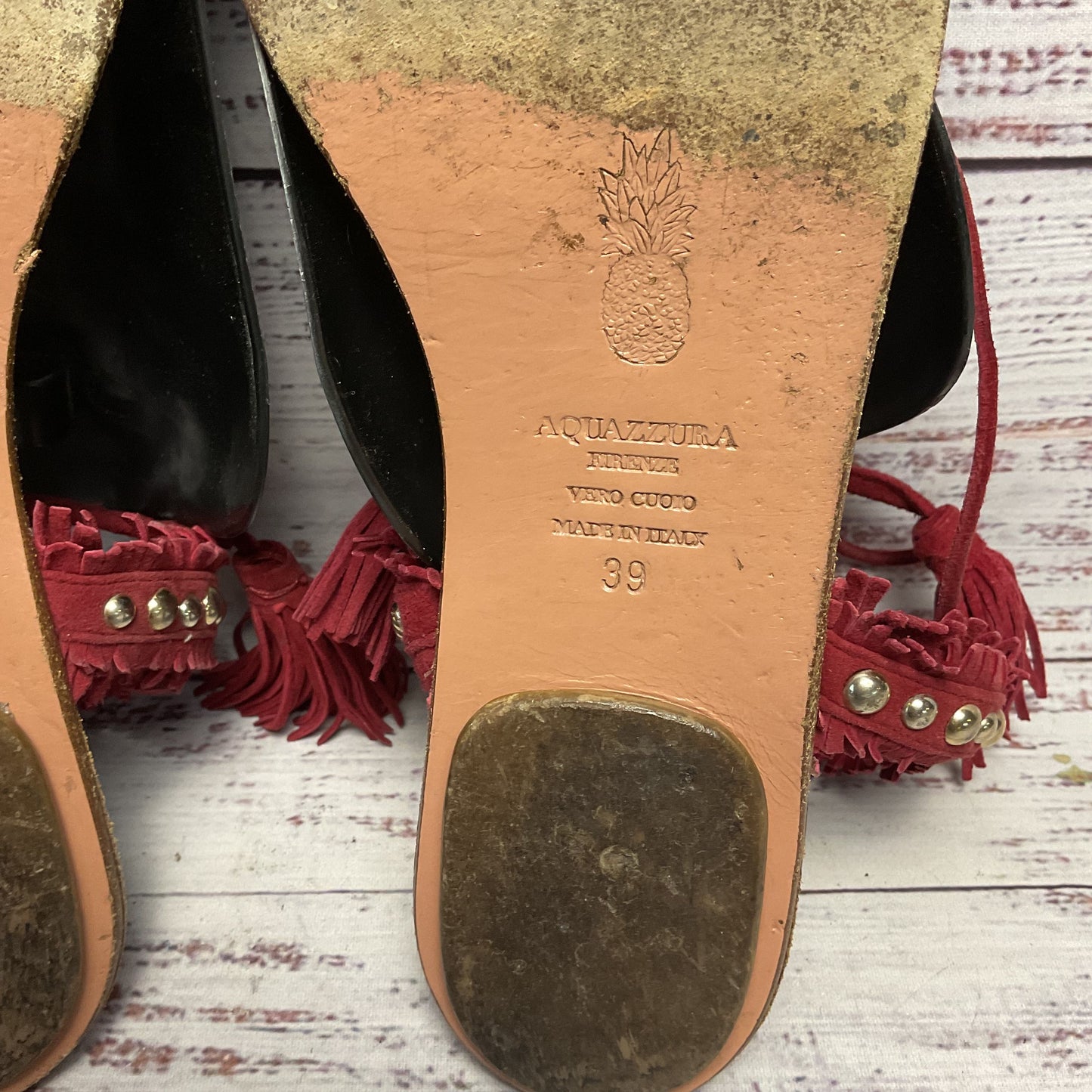 Aquazurra Careye Fringe Suede Red Cord Ankle Tie Sandal Women Size 9