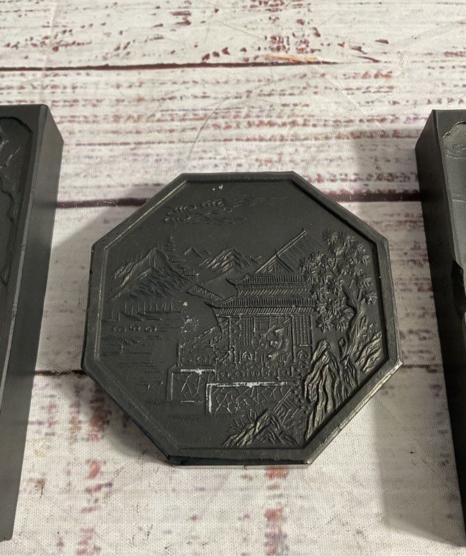 Vintage Set Of 3 Chinese Ink Stones With Art