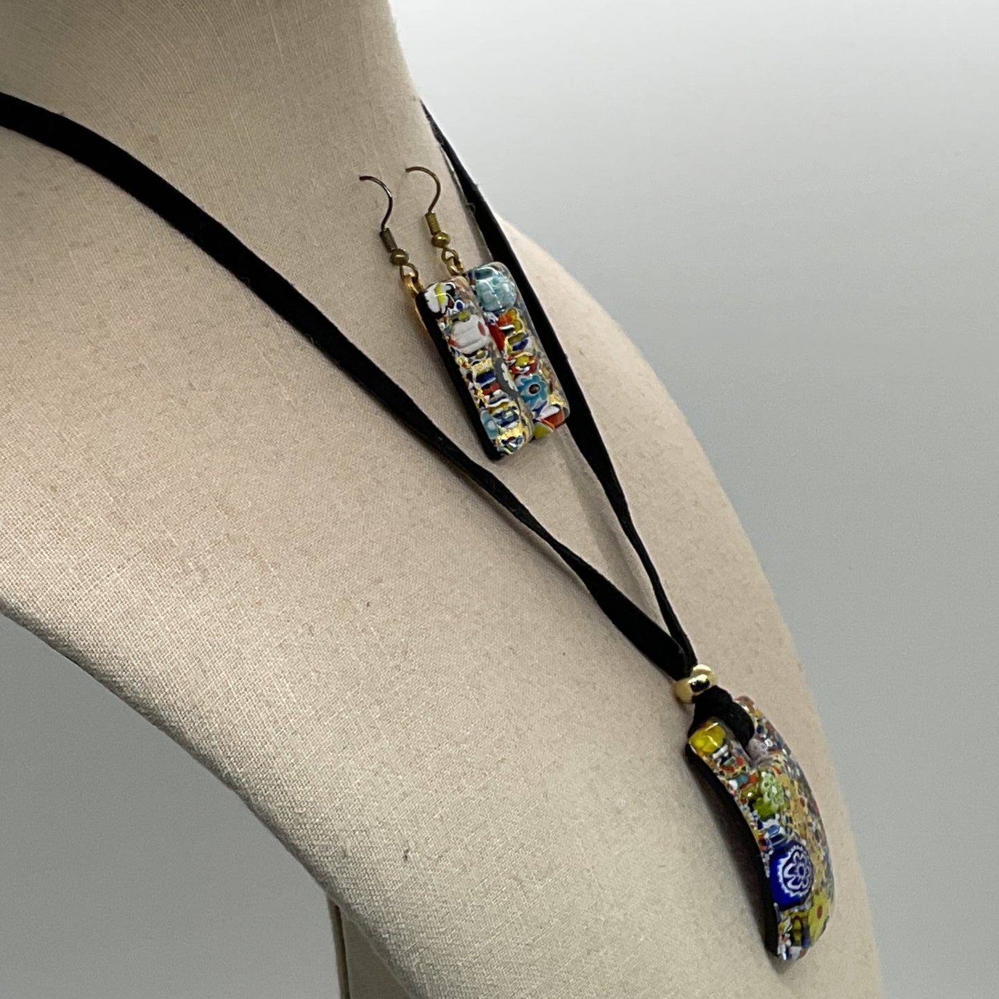 Millefiori Glass Pendant and Earrings Velvet String Necklace & Earring Set