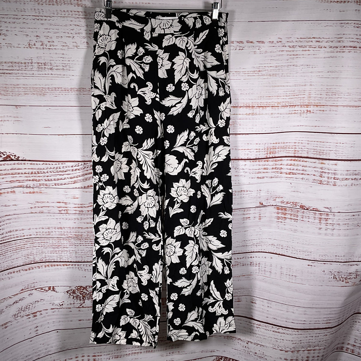 MNG Women's Black White Floral Print Side Zip Wide Leg Pants- SZ L