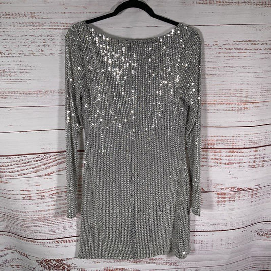 NWT Ramy Brook Gray Silver Tone Beaded Sequin Long Sleeve Mini Dress - Size 8