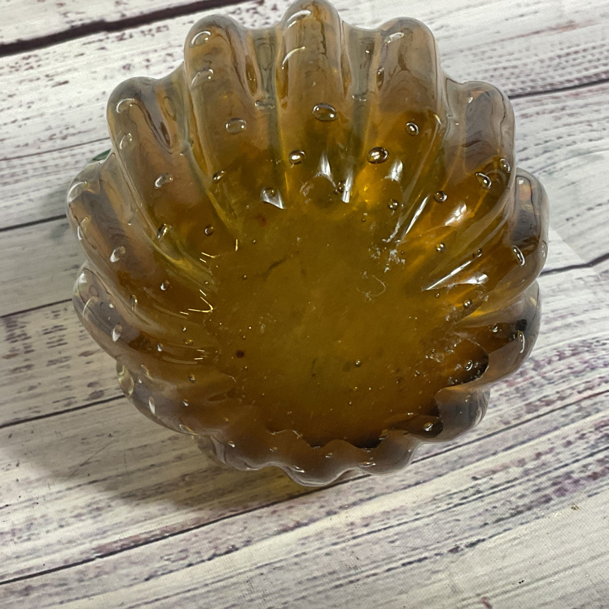 VTG. Green Amber Ribbed Costolato Bubble Glass Vase- 7.5"