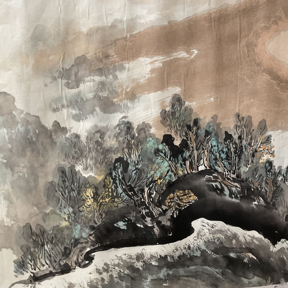 VTG/ANTIQUE Chinese Mingsha Mountain & Crescent Lake Ink & Color Painting- 48.5"